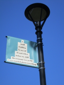 One of many banners in We Were Here:memories of Cambridge Common coordinated by Kelly Sherman.